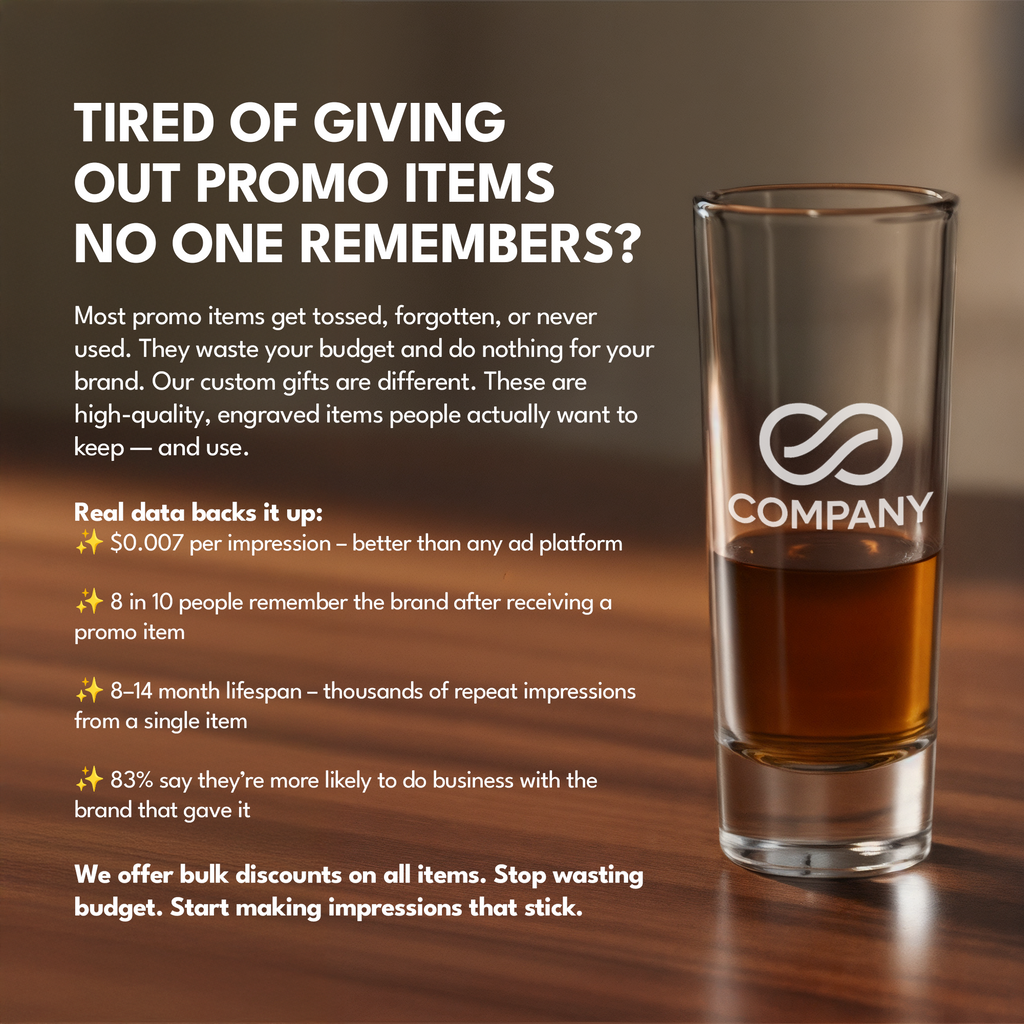 Promotional glass with 'COMPANY' branding on a wooden surface, text about custom gifts.