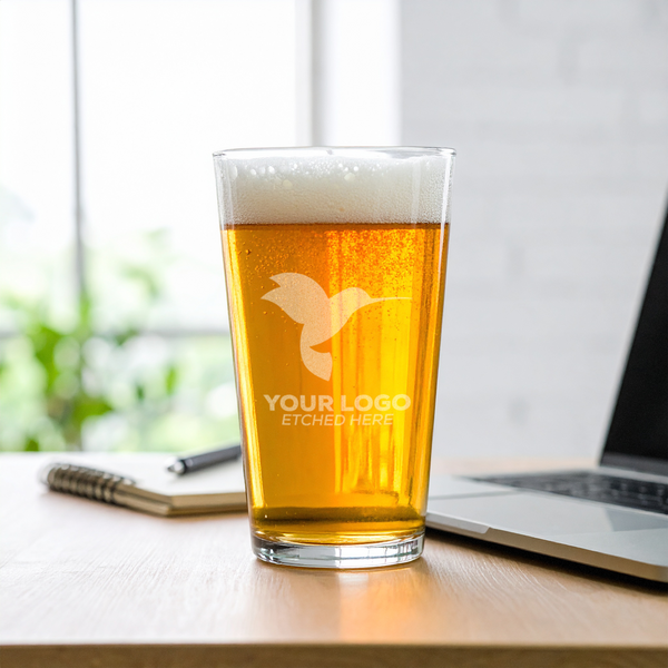 16oz custom beer pint glass with company logo etched in a modern office setting—ideal for corporate gifting, branded swag, and employee appreciation events.