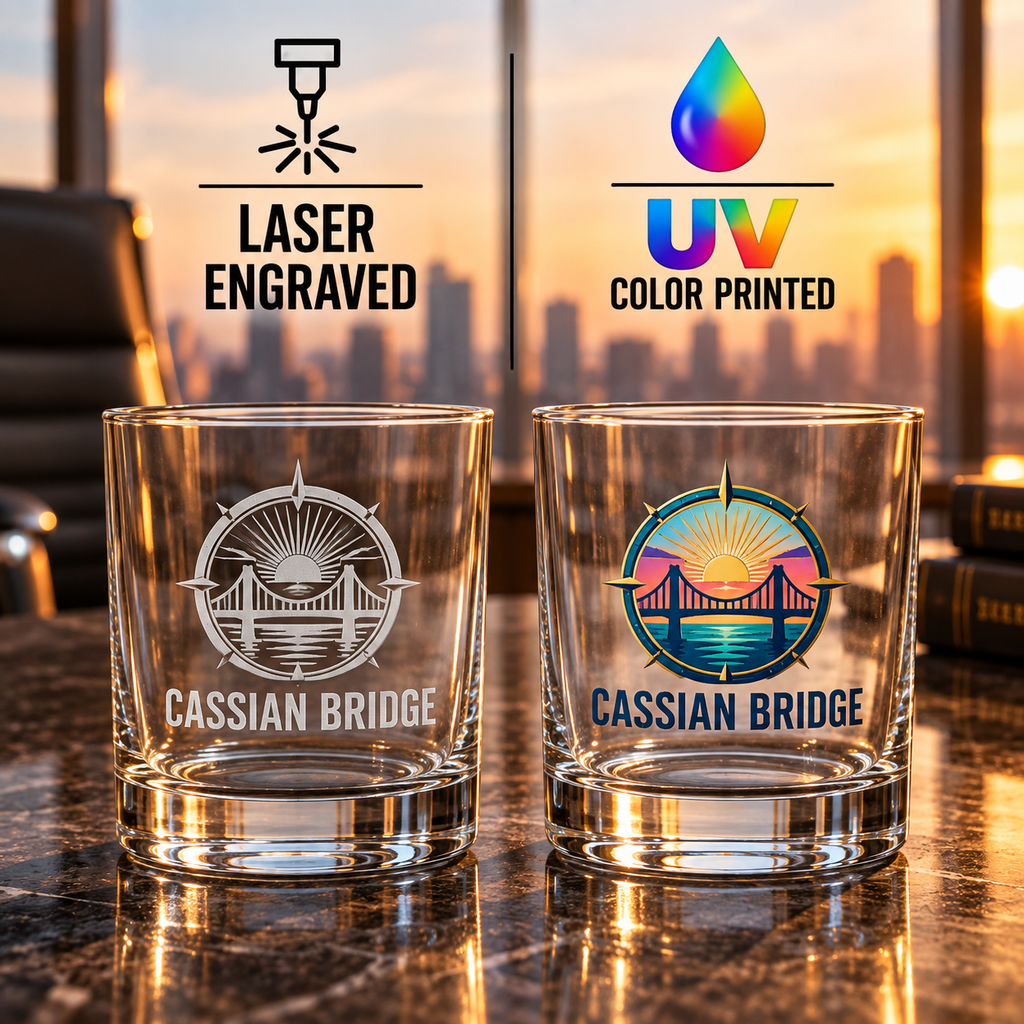 Bulk 14oz Whiskey Glasses, Custom Engraved or UV Printed Company Logo