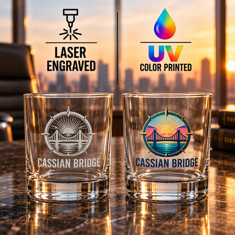 Bulk 14oz Whiskey Glasses, Custom Engraved or UV Printed Company Logo