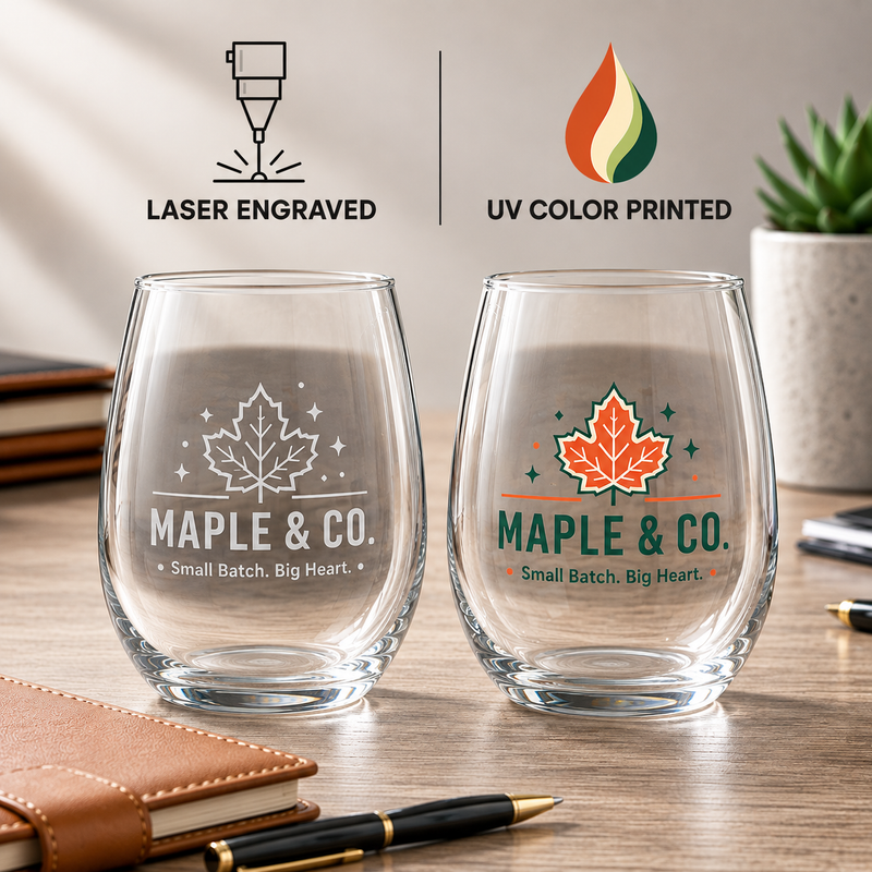 Custom Stemless Wine Glass, 9oz Small Business Gift with Engraved or UV Printed Logo