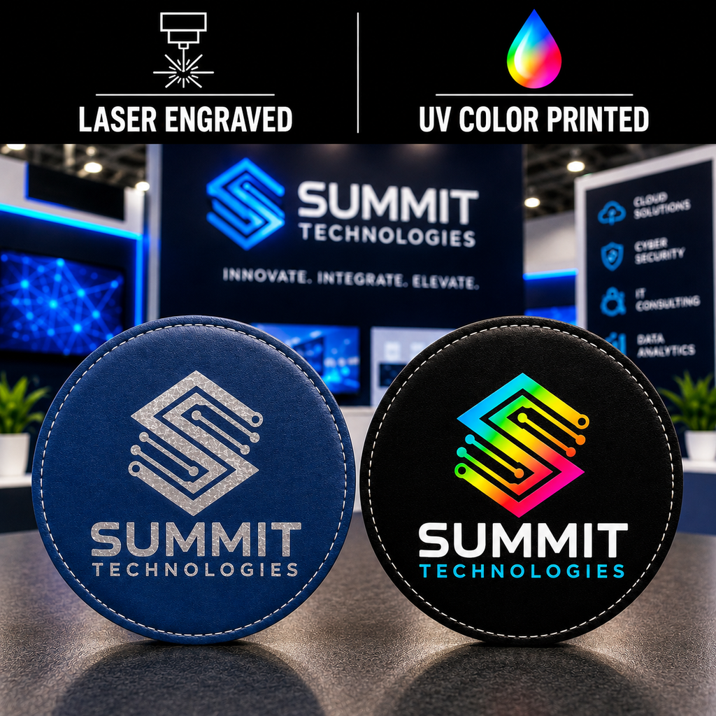 Custom Logo Coaster, 4-Inch Round Leatherette, Laser Engraved or UV Printed