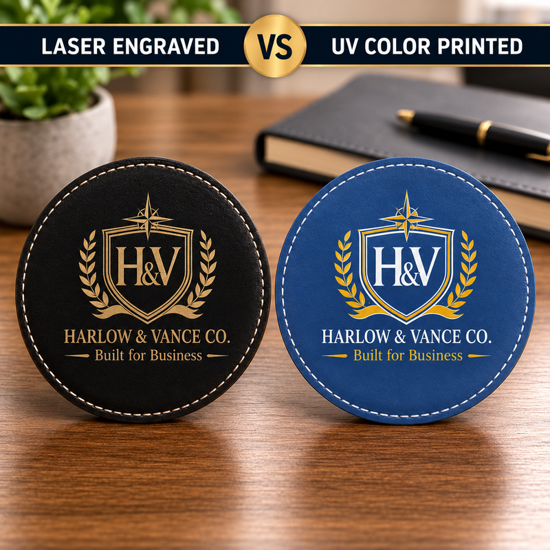 Custom Logo Coaster, 4-Inch Round Leatherette, Laser Engraved or UV Printed