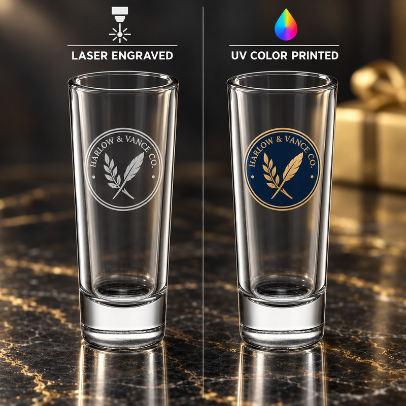 Custom Engraved or UV Printed, 2oz Shooter Glass Bulk Promotional Item
