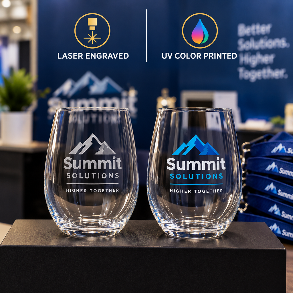 Custom Stemless Wine Glass, 9oz Small Business Gift with Engraved or UV Printed Logo