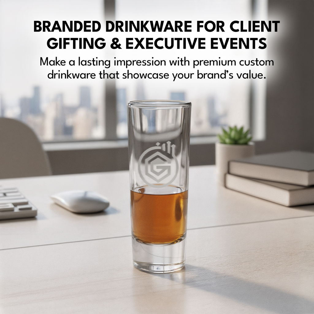 Branded glass with liquid on a desk with office background