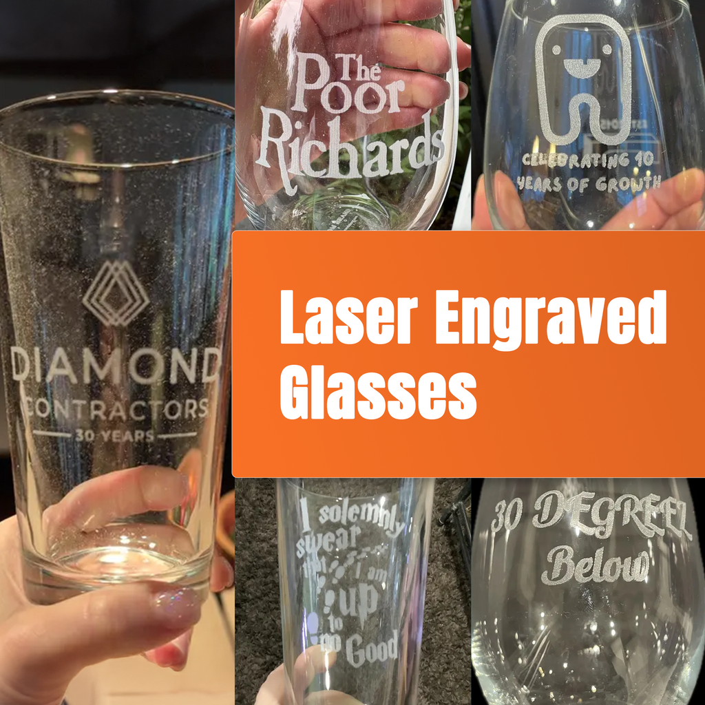 Collage of laser engraved glasses with various designs and text.
