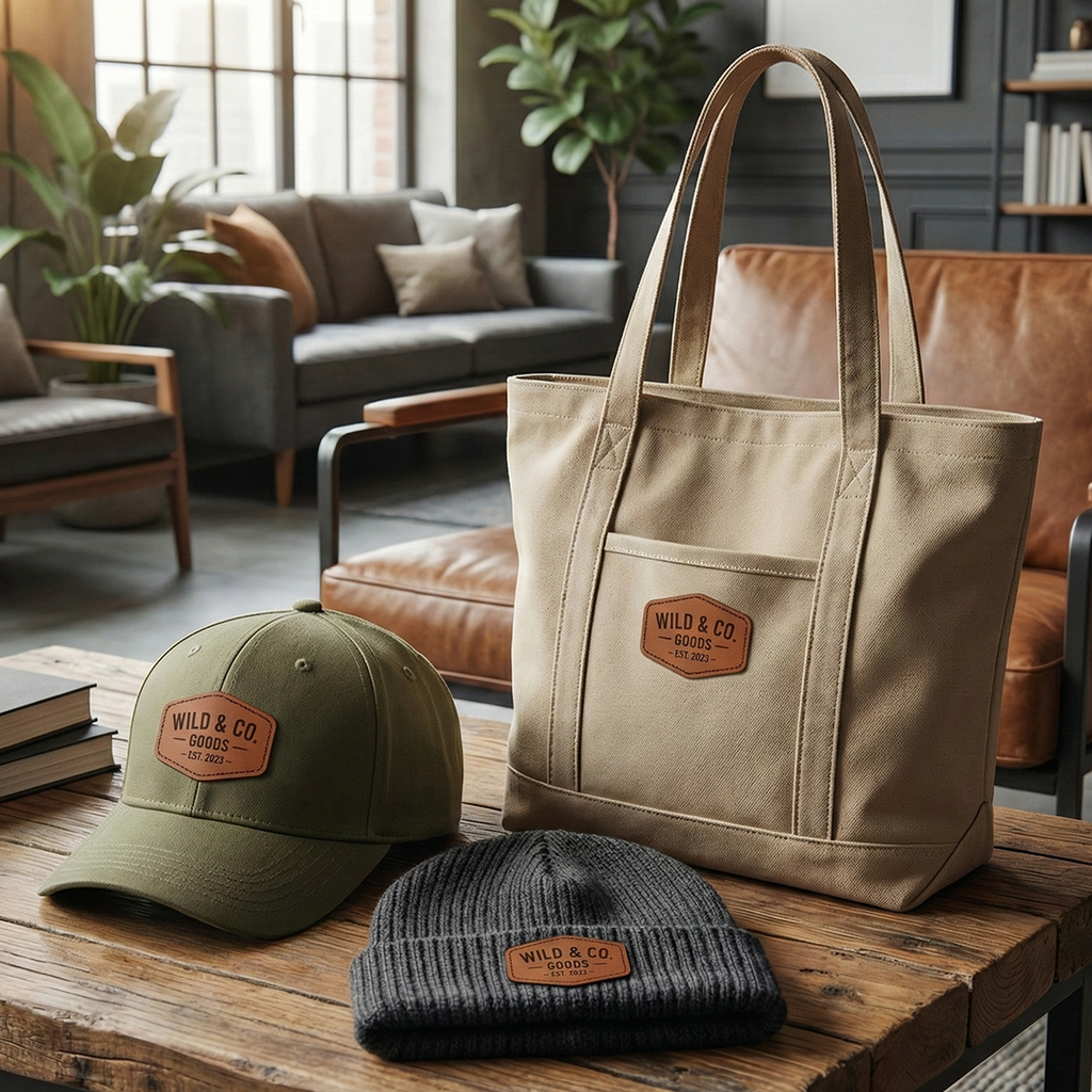 tote, hat and beanie with custom leather patches