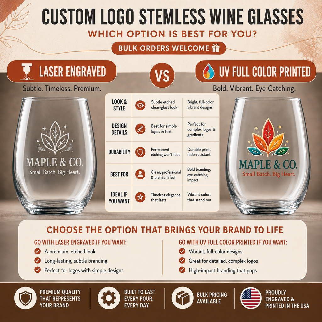 Custom Stemless Wine Glass, 9oz Small Business Gift with Engraved or UV Printed Logo