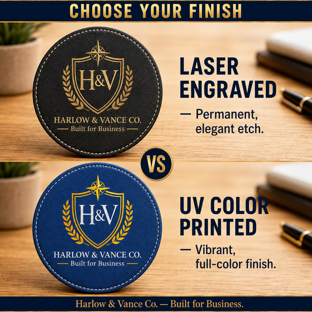 Custom Logo Coaster, 4-Inch Round Leatherette, Laser Engraved or UV Printed
