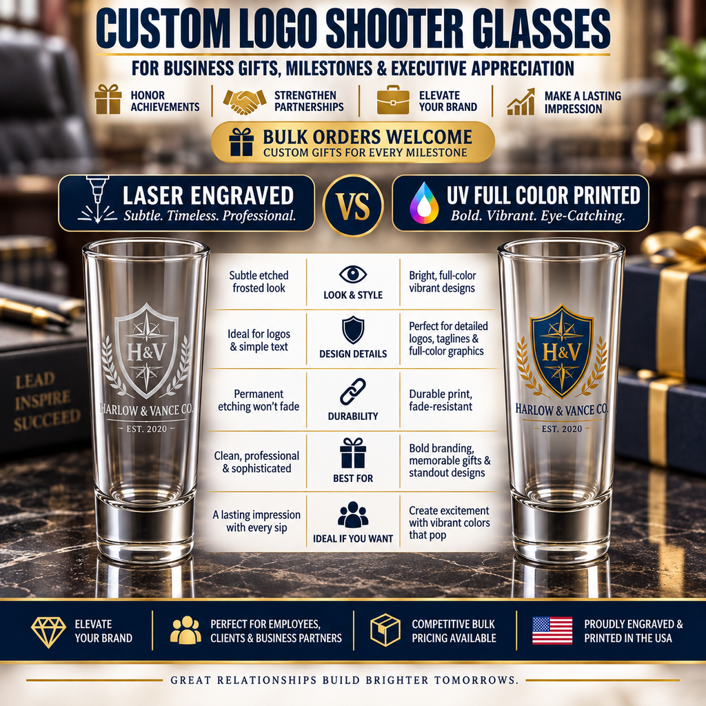 Custom Engraved or UV Printed, 2oz Shooter Glass Bulk Promotional Item