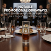 Etched glassware on a table with promotional text about notable giveaways.
