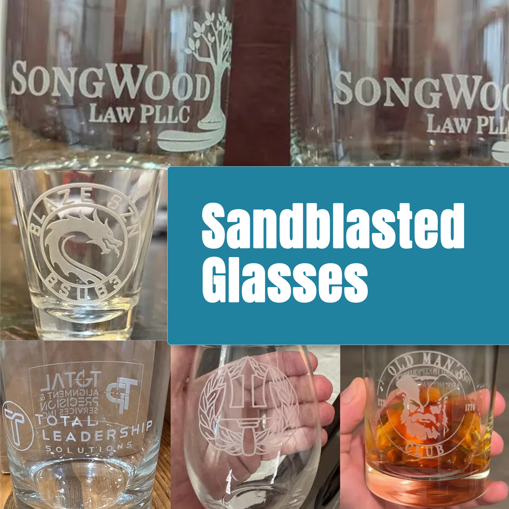 Collage of sandblasted glasses with various designs and text, featuring the brand 'Songwood Law PLLC'.