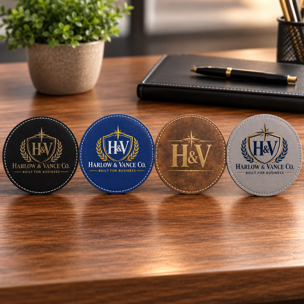 Custom Logo Coaster, 4-Inch Round Leatherette, Laser Engraved or UV Printed