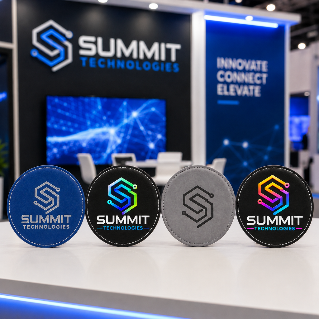 Custom Logo Coaster, 4-Inch Round Leatherette, Laser Engraved or UV Printed