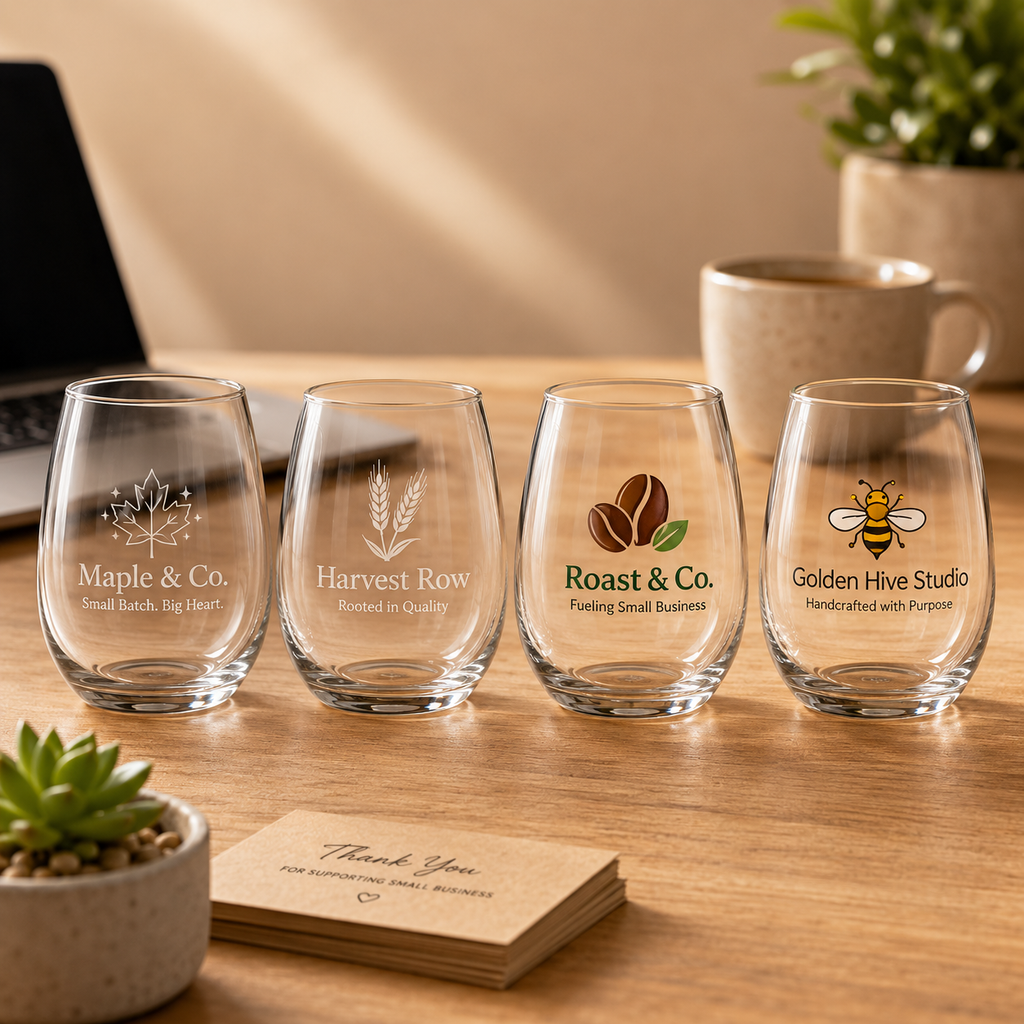 Custom Stemless Wine Glass, 9oz Small Business Gift with Engraved or UV Printed Logo