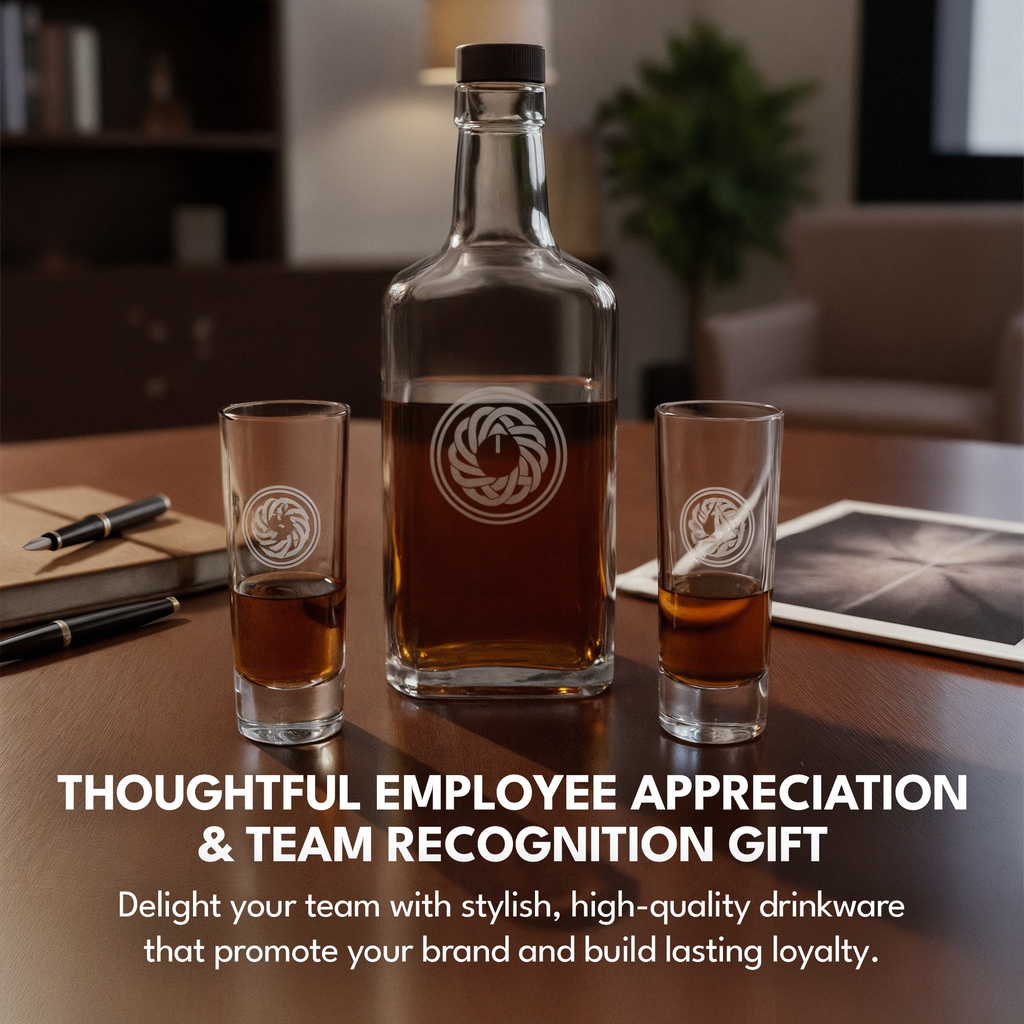 Bottle of alcohol with two shot glasses on a table, with text about employee appreciation and team recognition gift.