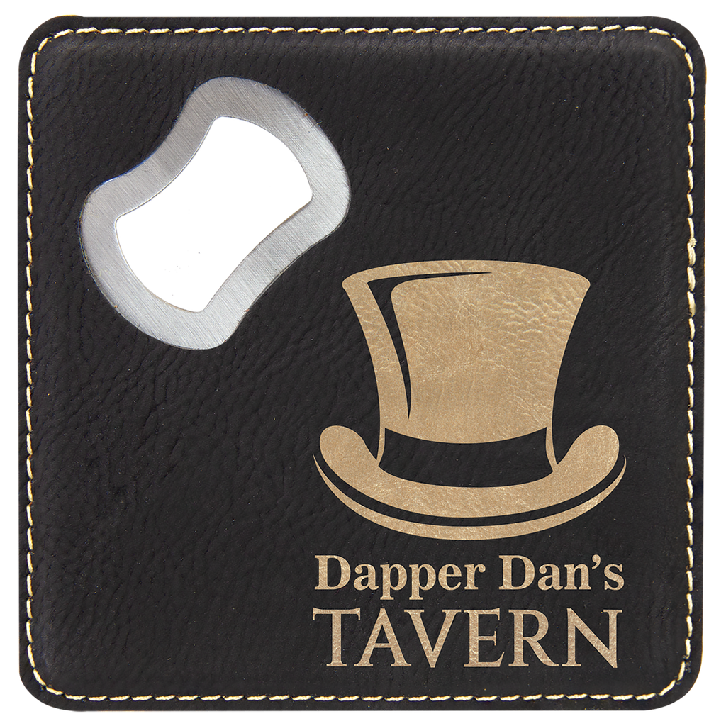 black and gold leatherette bottle opener coaster