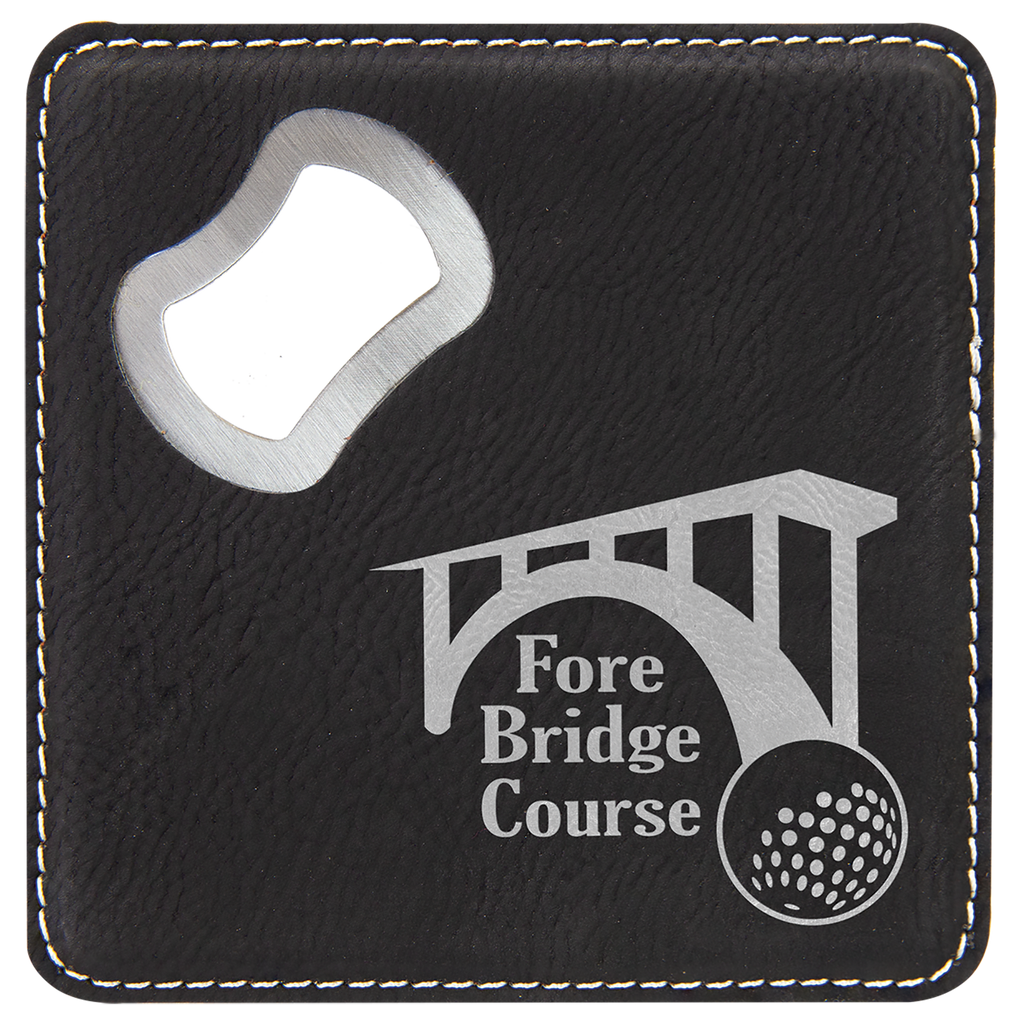 black and silver leatherette bottle opener coaster