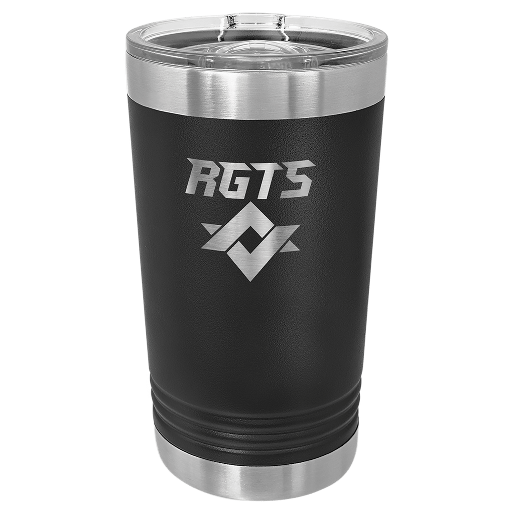 Black insulated tumbler with silver rim and 'RGTS' logo on a white background