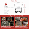 Glass engraving product with laser engraved vs sandblasted comparison and item size details.