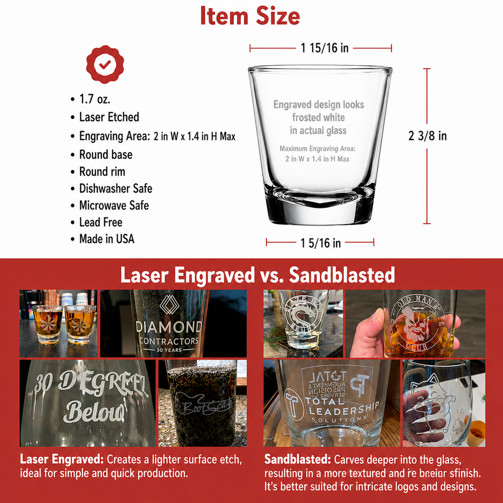 Glass engraving product with laser engraved vs sandblasted comparison and item size details.
