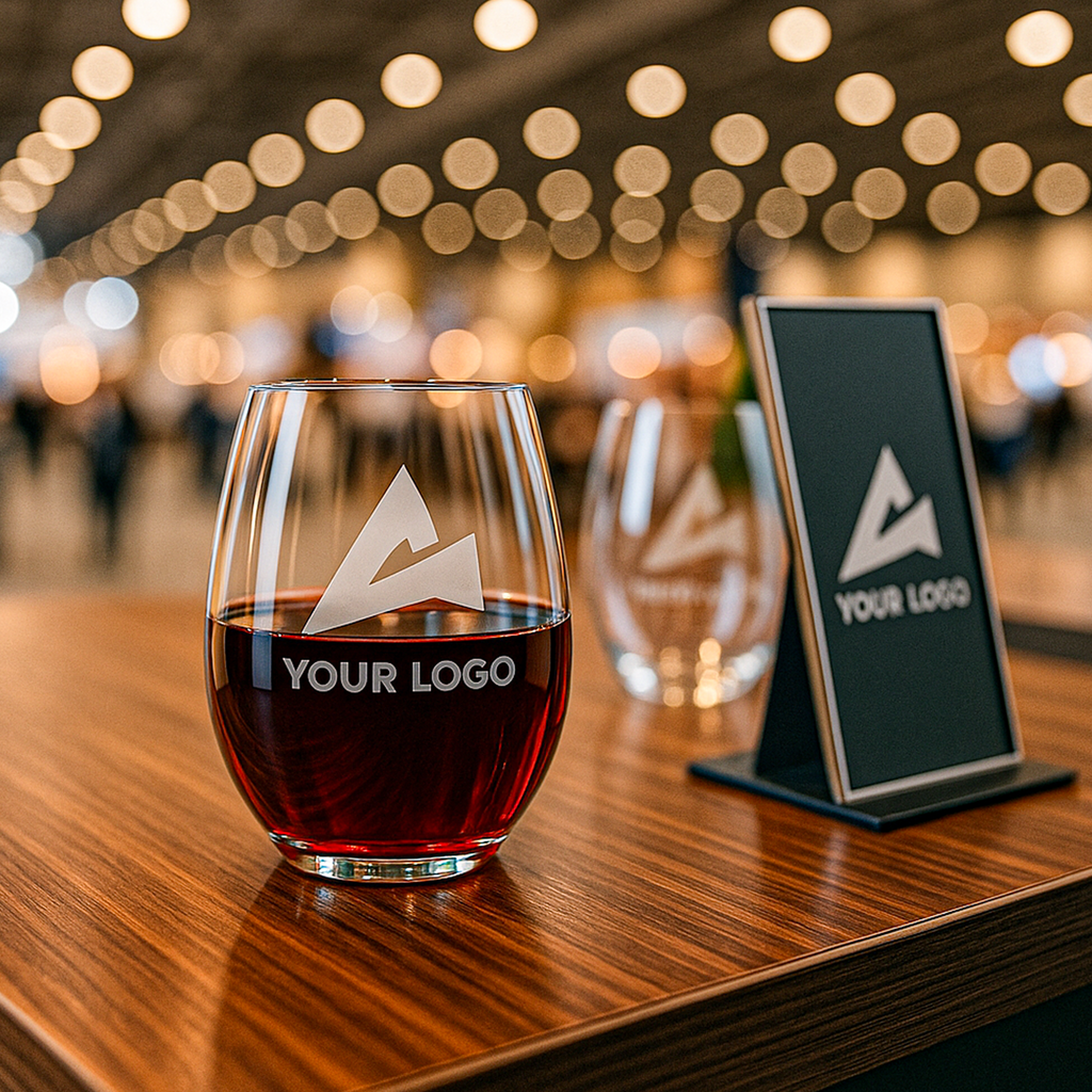 Custom etched wine glass with red wine, displayed at a professional tradeshow booth – perfect for branded merchandise, client gifts, or executive events.