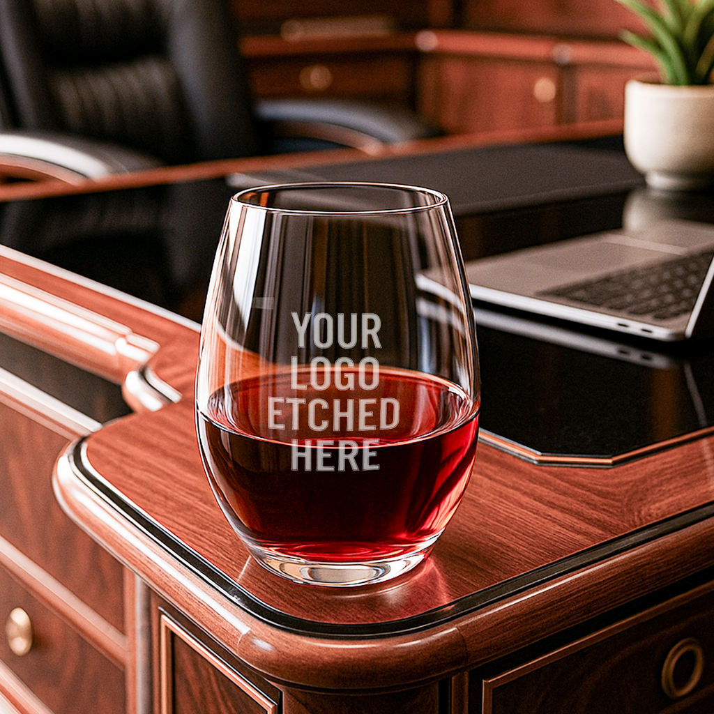 Unique branded wine glass filled with red wine in a luxury lounge setting – great for business gifting, custom glassware, or high-end promotional items.