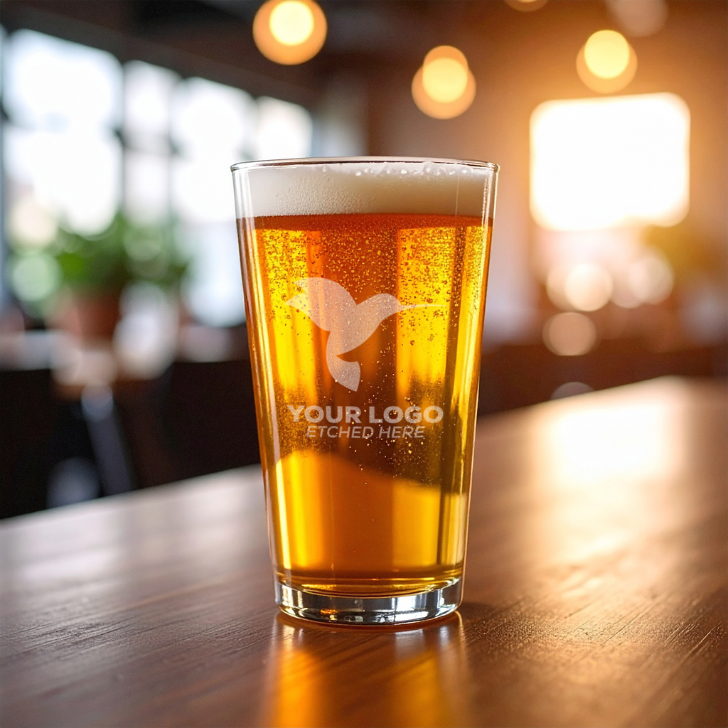 16oz custom beer pint glass with etched company logo on a bar table—ideal for branded corporate gifts, executive retreats, or brewery partnerships.