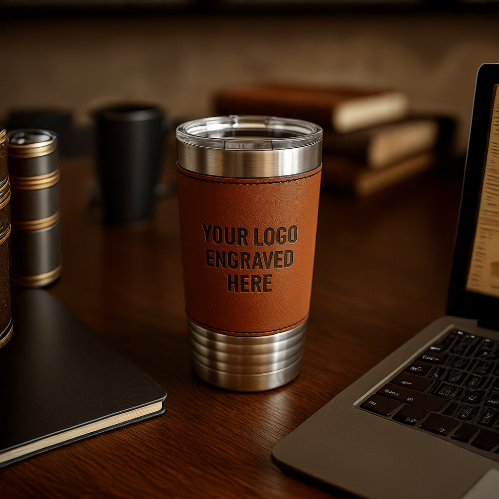 your logo here leatherette travel mug
