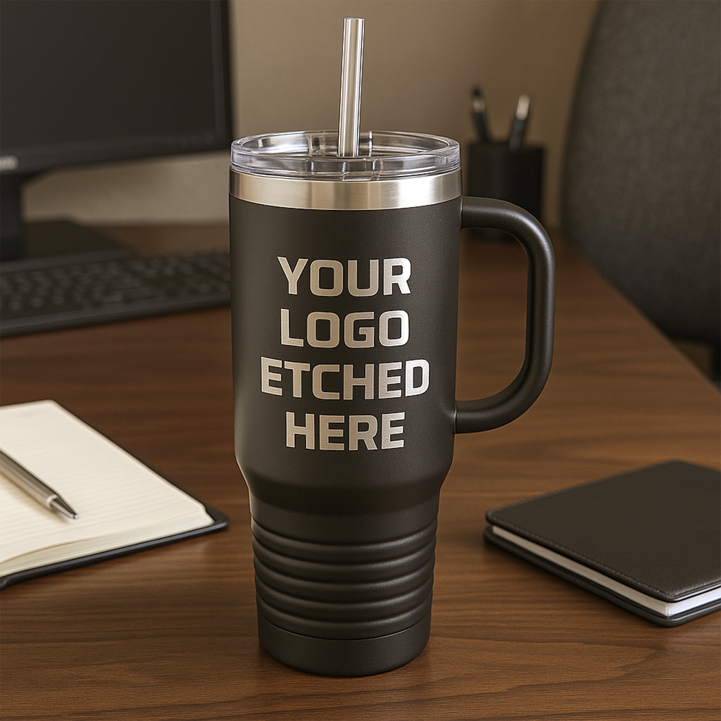 your logo here tumbler with handle
