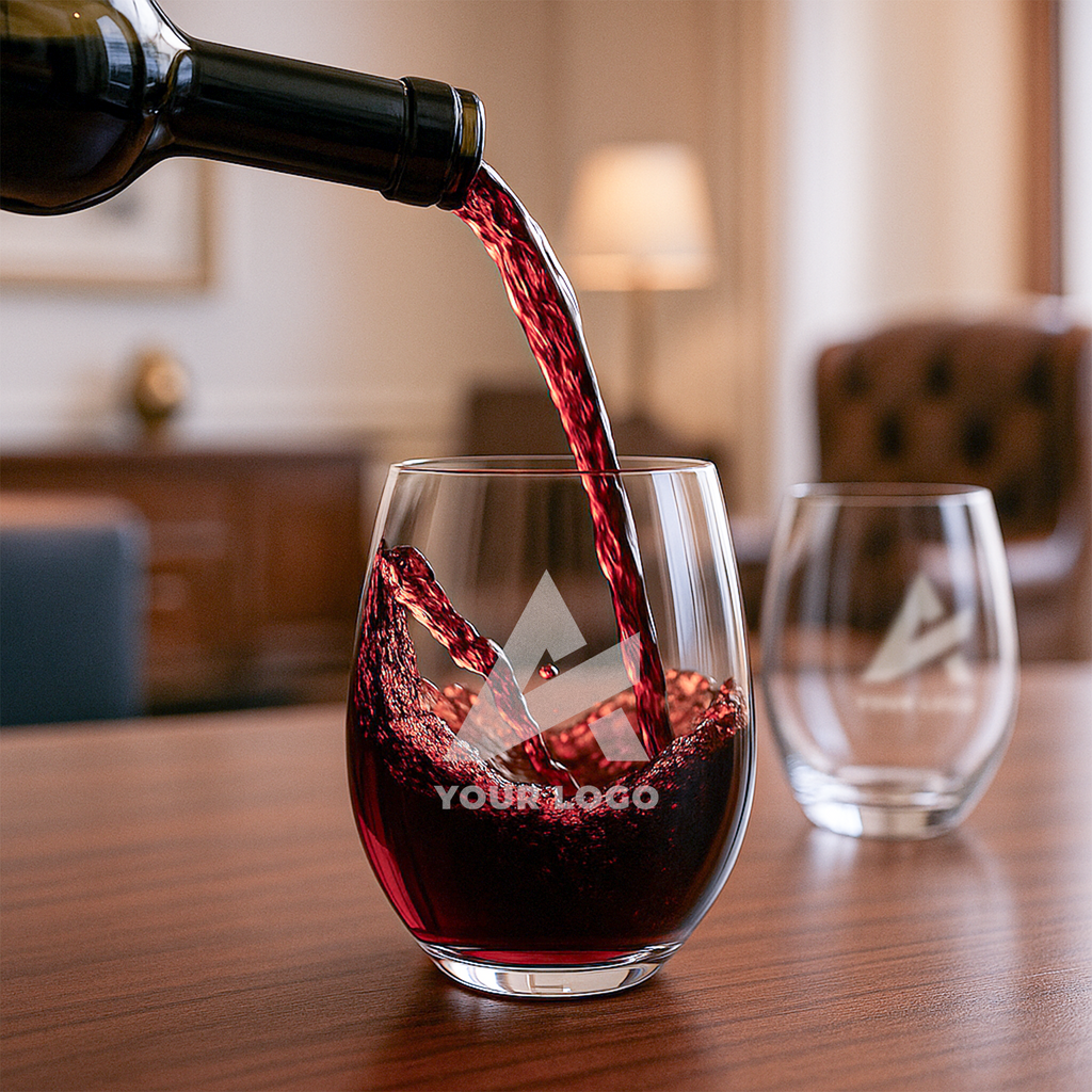 Custom logo wine glass being filled with red wine in a corporate environment – excellent for client onboarding, team gifts, or company celebrations.