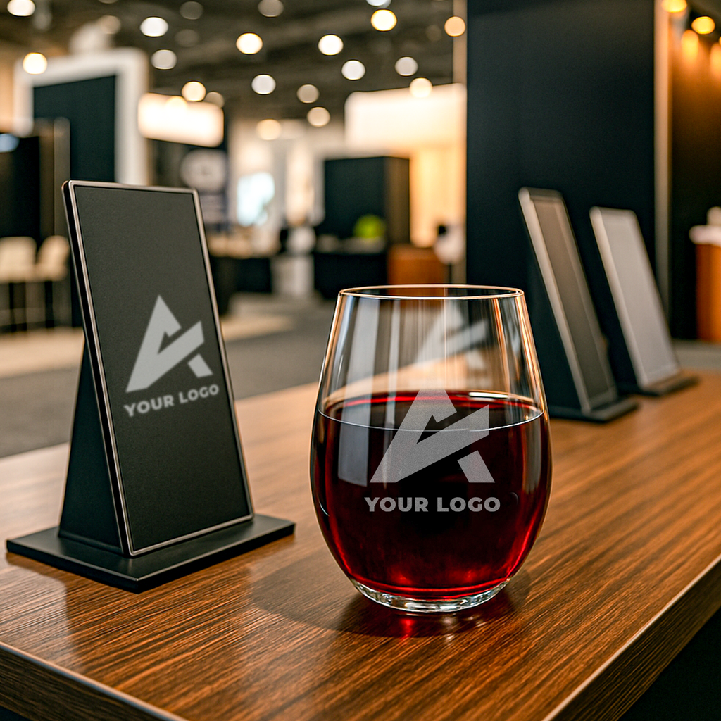 Etched wine glass with prominent logo design, ideal for restaurant branding or high-end business gifts – great for hospitality, HR recognition, or office events.