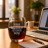 Personalized glass on a modern office desk, ready for client or employee gifting – tailored for branded merchandise or custom drinkware for professionals.