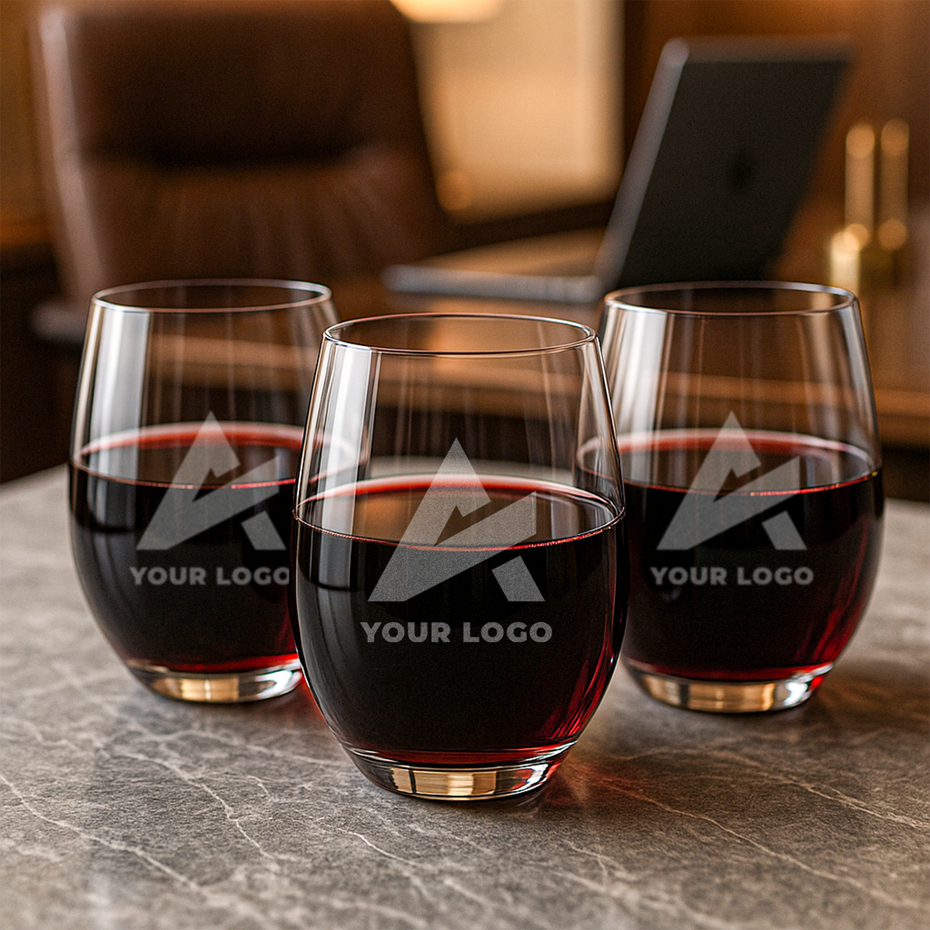 Set of three custom etched stemless wine glasses with company logos – perfect for bulk corporate gifts, executive meetings, or team appreciation packages.