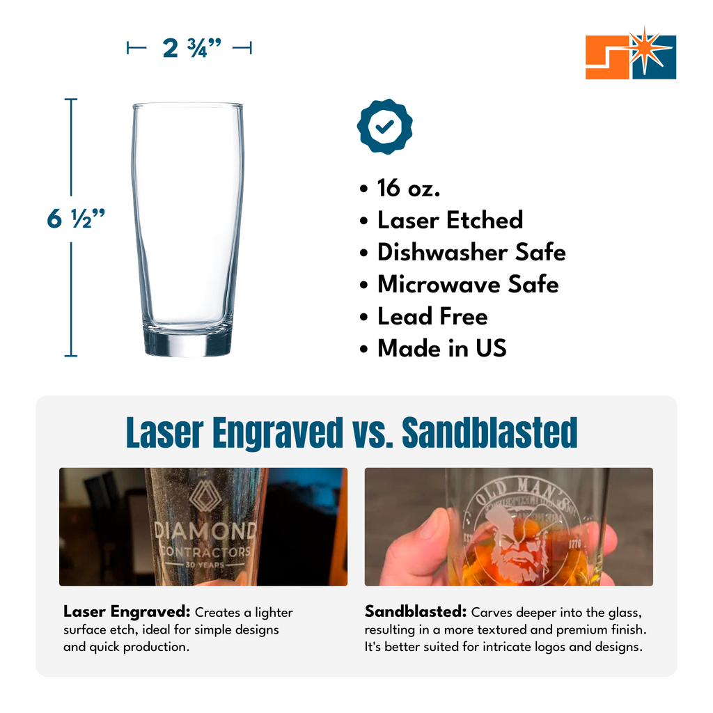 Deep Laser Engraved 16oz Pint Glass Custom Design Beer Glass...