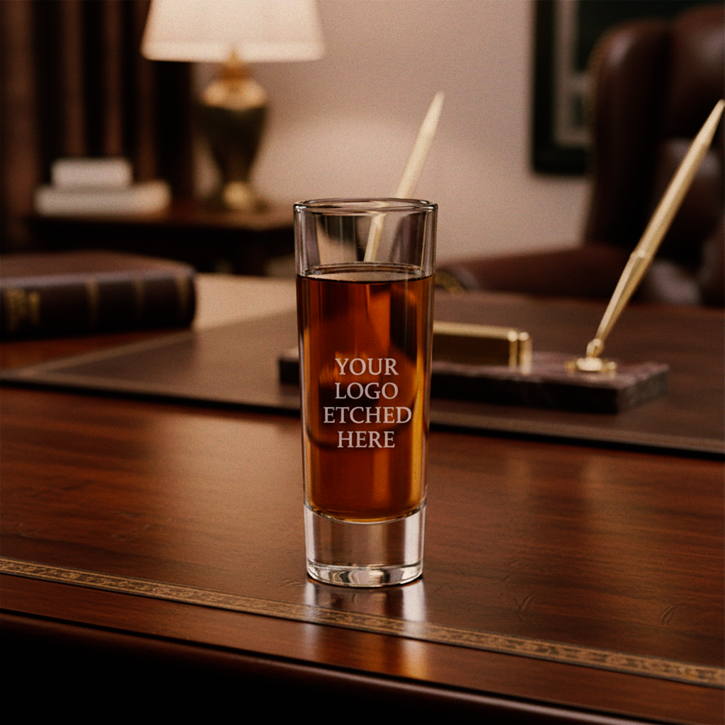 Glass of dark liquid with a straw on a wooden desk, with 'Your Logo Etched Here' text.