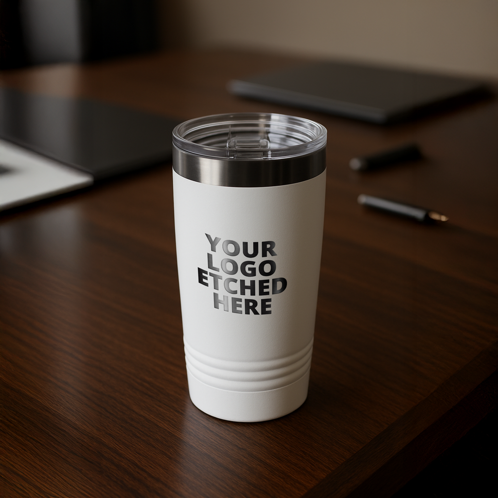 your logo etched here white tumbler