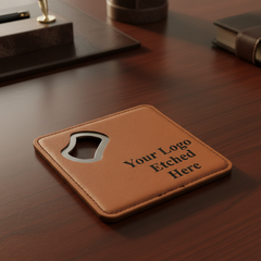 4" x 4" Square Laserable Leatherette Bottle Opener Coaster with Exclusive Bulk Wholesale Pricing