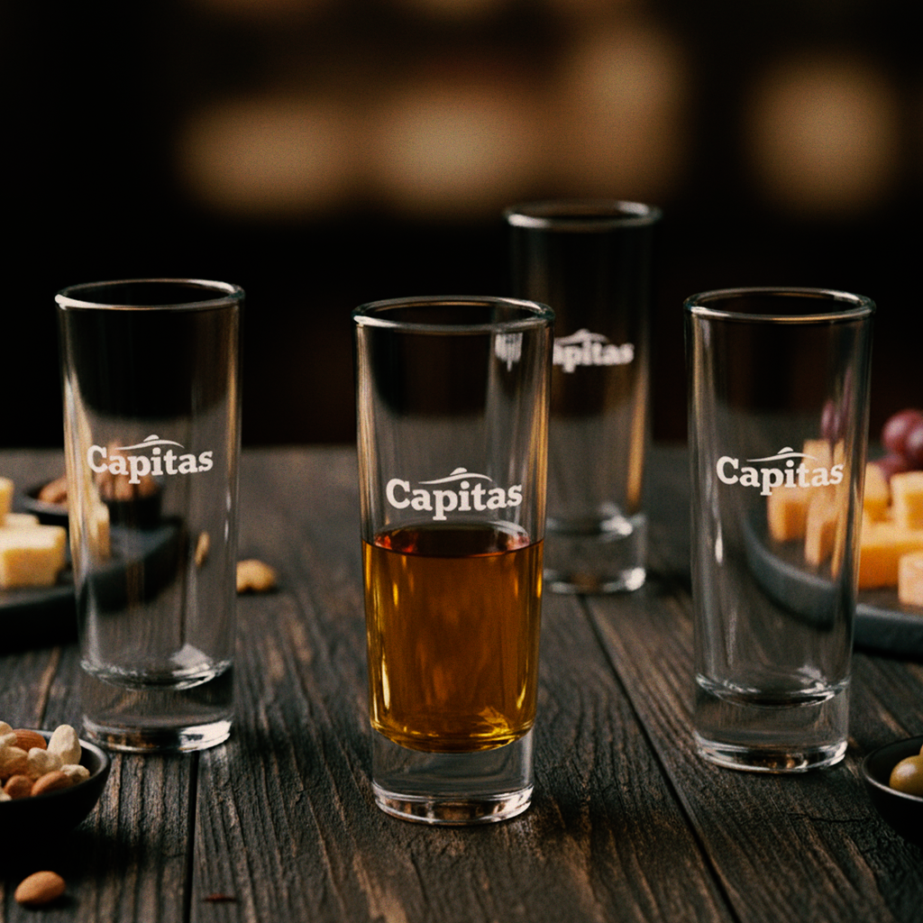 Four 'Capitas' branded glasses on a wooden table with one containing a dark liquid.