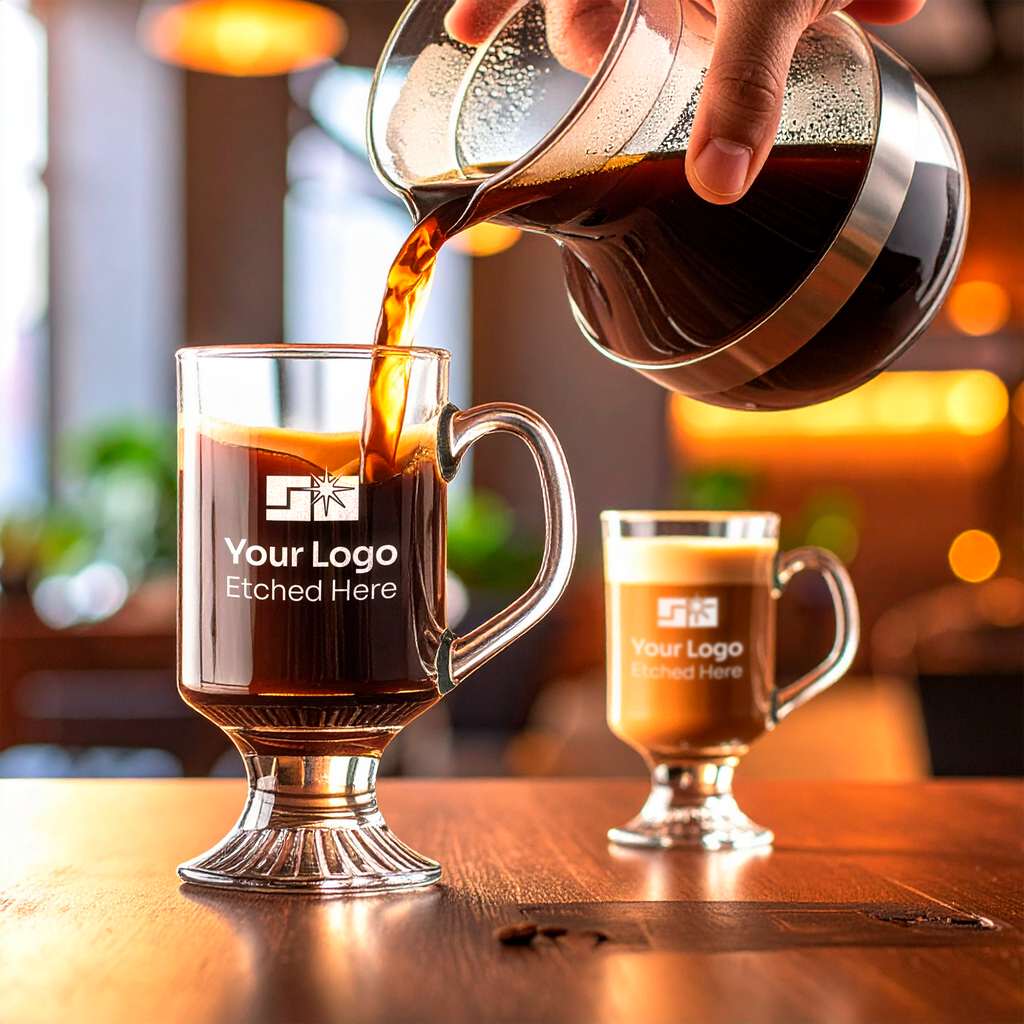 person pouring into a branded glass coffee mug 