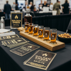 Beverage tasting setup with 'Golden Ember Spirits' at a social event.