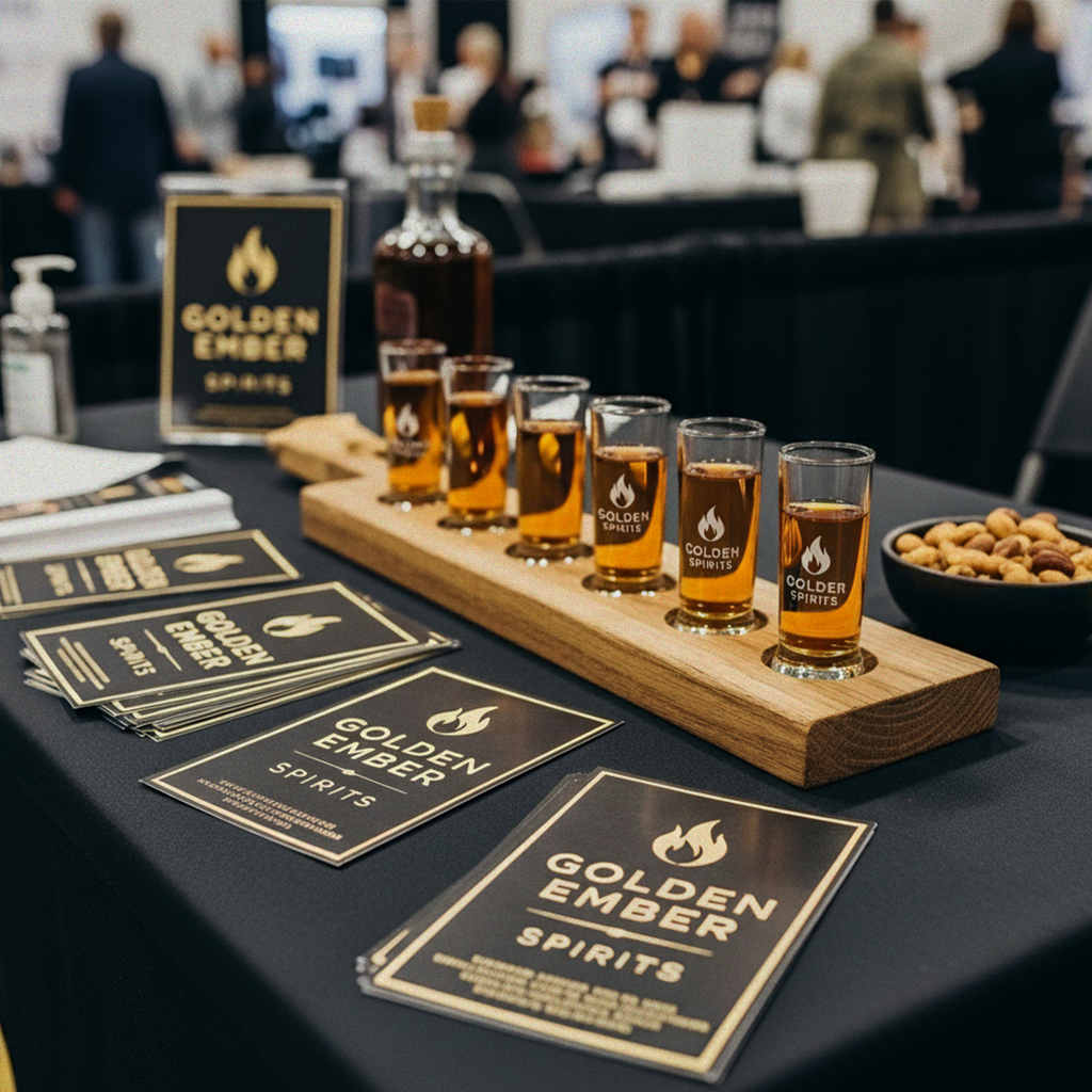 Beverage tasting setup with 'Golden Ember Spirits' at a social event.
