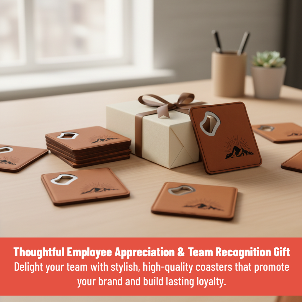 4" x 4" Square Laserable Leatherette Bottle Opener Coaster with Exclusive Bulk Wholesale Pricing