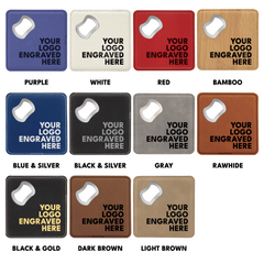 4" x 4" Square Laserable Leatherette Bottle Opener Coaster with Exclusive Bulk Wholesale Pricing