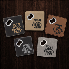 4" x 4" Square Laserable Leatherette Bottle Opener Coaster with Exclusive Bulk Wholesale Pricing
