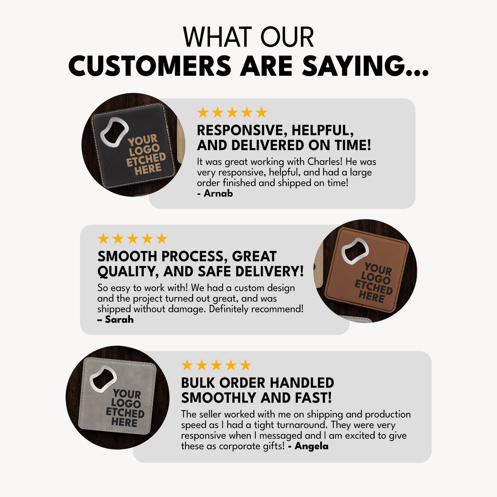 4" x 4" Square Laserable Leatherette Bottle Opener Coaster with Exclusive Bulk Wholesale Pricing