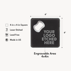 4" x 4" Square Laserable Leatherette Bottle Opener Coaster with Exclusive Bulk Wholesale Pricing