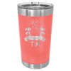 Coral tumbler with silver lid featuring a pineapple and palm tree design on a white background