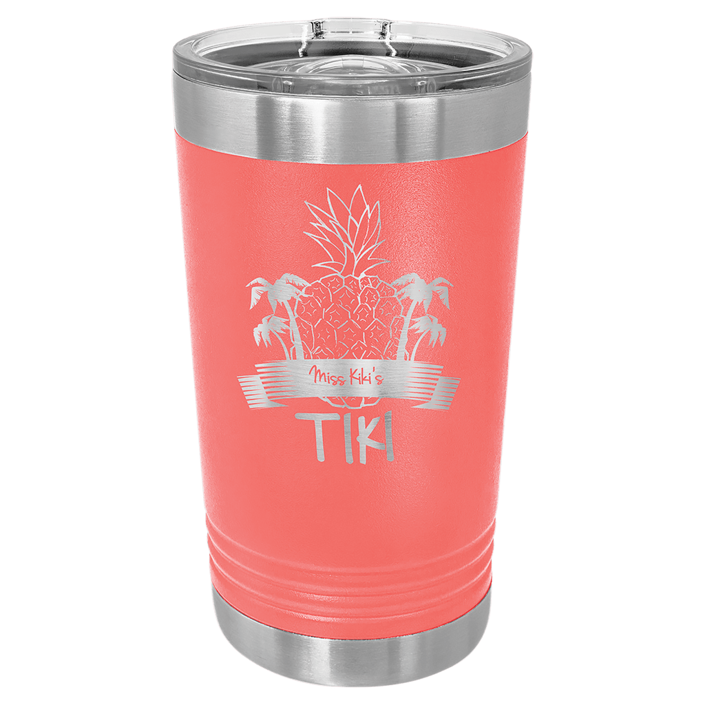 Coral tumbler with silver lid featuring a pineapple and palm tree design on a white background